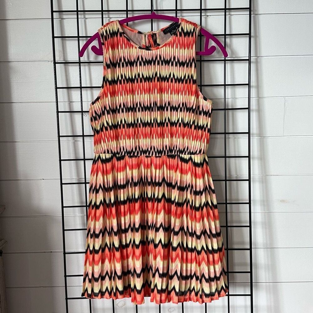 Sanctuary Summer Crochet Mini Dress Womens M Citrus Stripe Pleated Coastal Boho